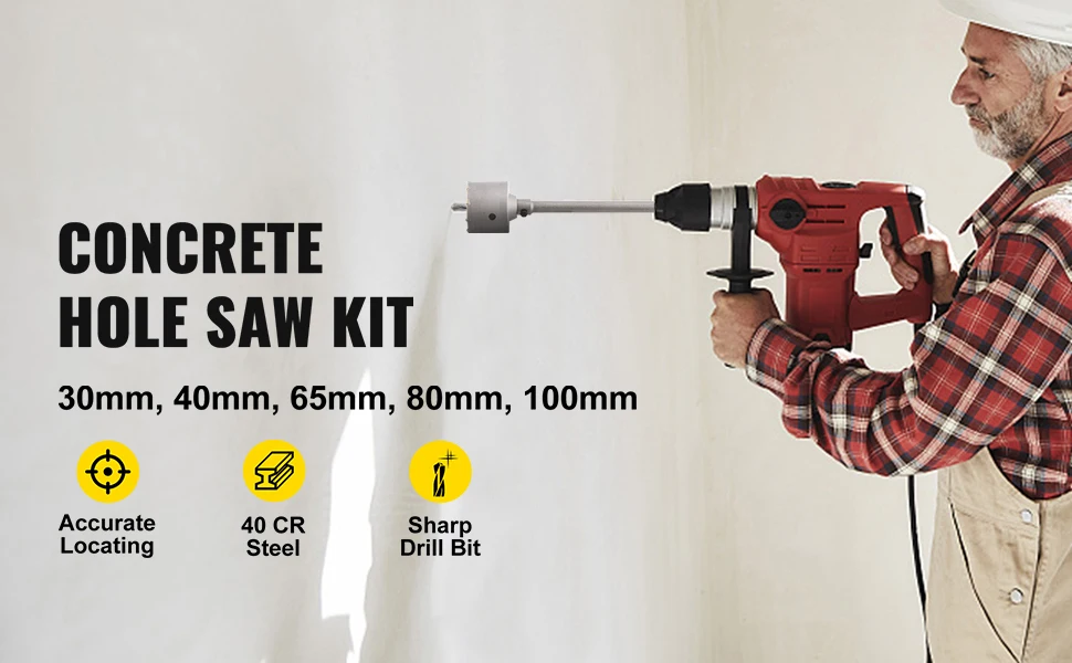 SucceBuy 4 in 1 Concrete Hole Saw Kit 9PCS 40-125 mm SDS Max Shank Cement Drill Bit Wall Hole Opener Tools Set