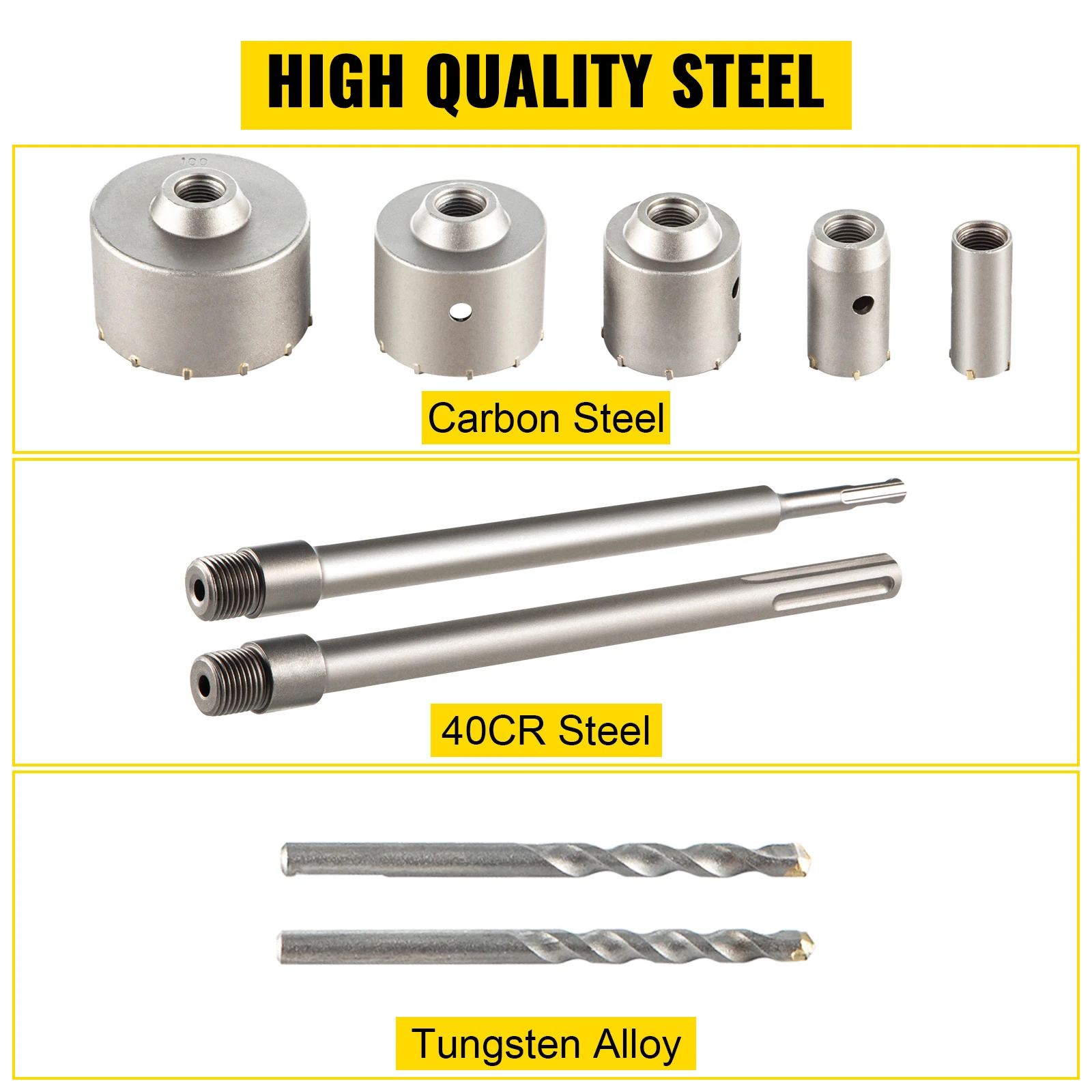 SucceBuy 4 in 1 Concrete Hole Saw Kit 9PCS 40-125 mm SDS Max Shank Cement Drill Bit Wall Hole Opener Tools Set