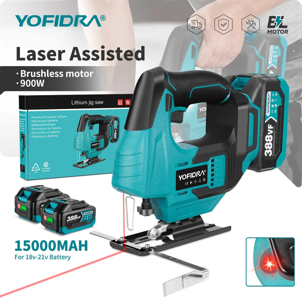 YOFIDRA Brushless 19mm Electric Jig Saw Infrared Laser Curve Saw Variable Speed MultiFunction Cutter For Makita 21V Battery Pin
