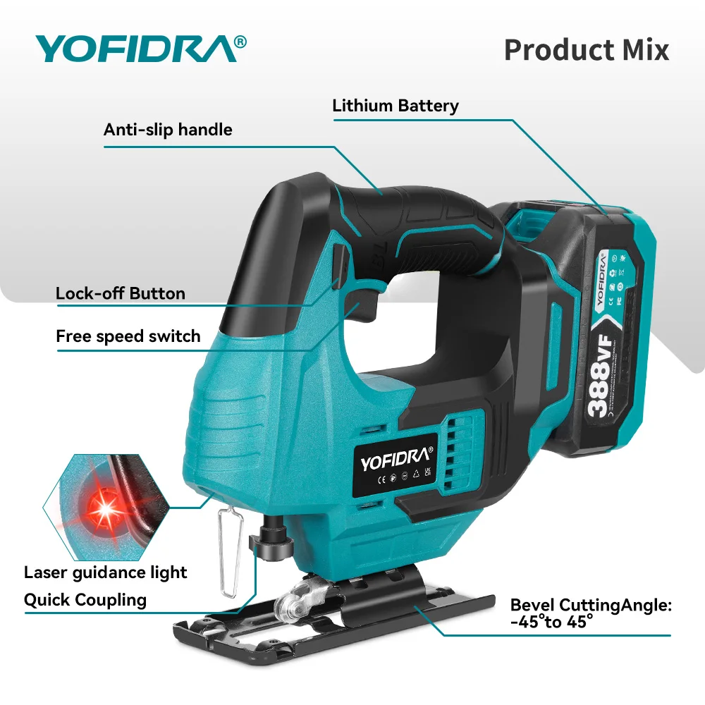 YOFIDRA Brushless 19mm Electric Jig Saw Infrared Laser Curve Saw Variable Speed MultiFunction Cutter For Makita 21V Battery Pin
