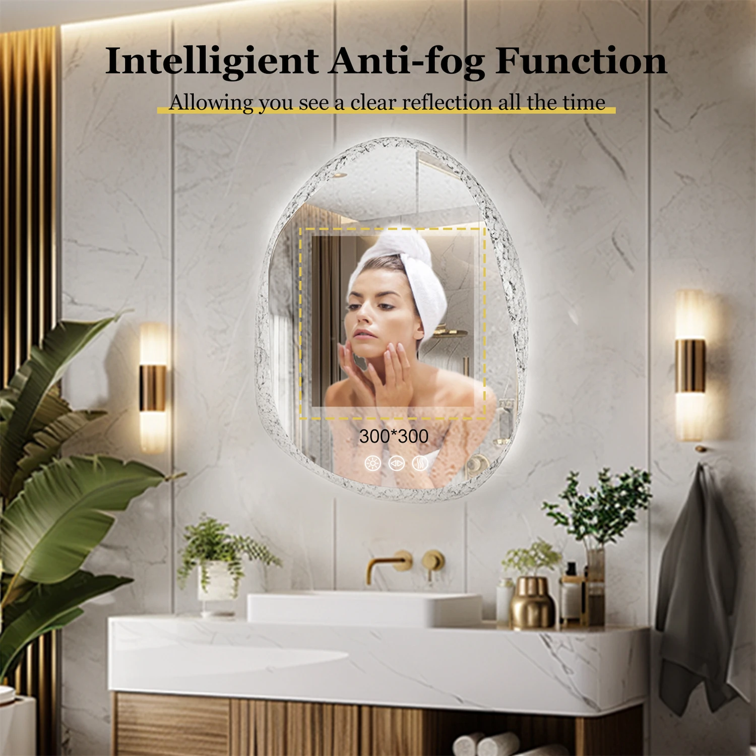 70/80/90cm LED Bathroom Mirror with Lights Crystal Clear Glass Bathroom Vanity Mirror with Backlight 3 Colors Setting, Anti-fog