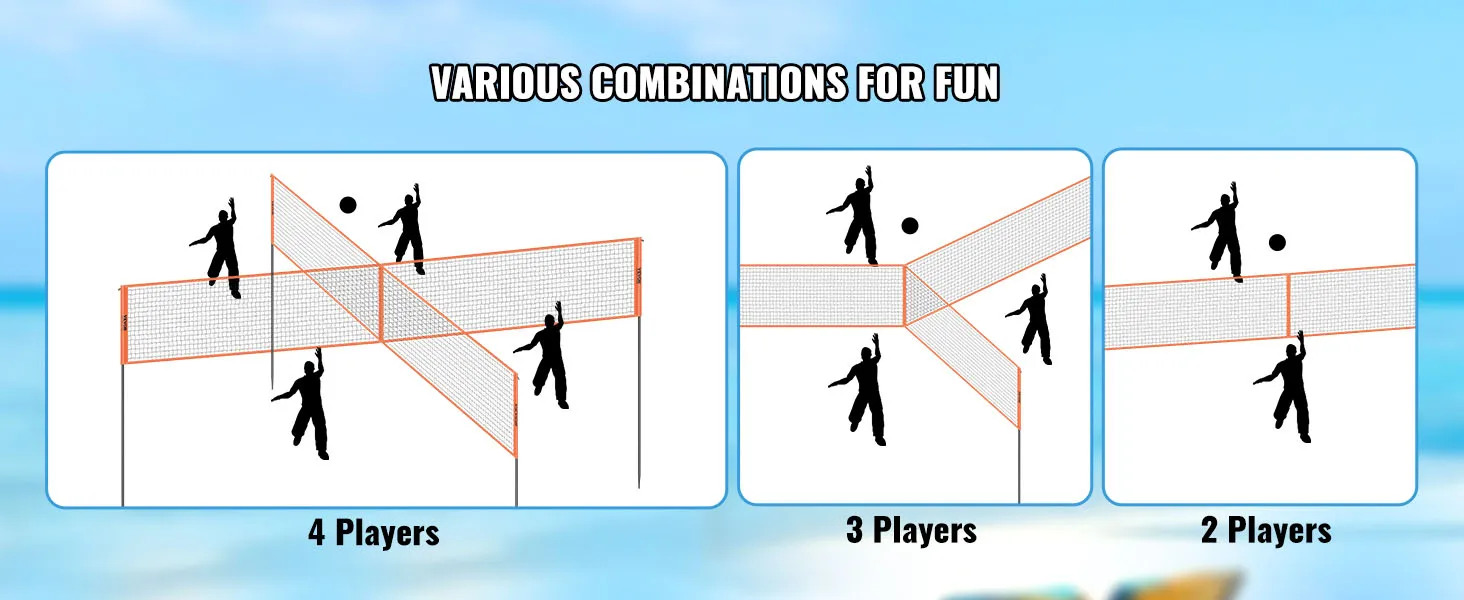 SucceBuy 4-Way Volleyball Net 14 x 14FTAdjustable Height Badminton Net Set for Backyard Beach Lawn Easy Setup with Carrying Bag