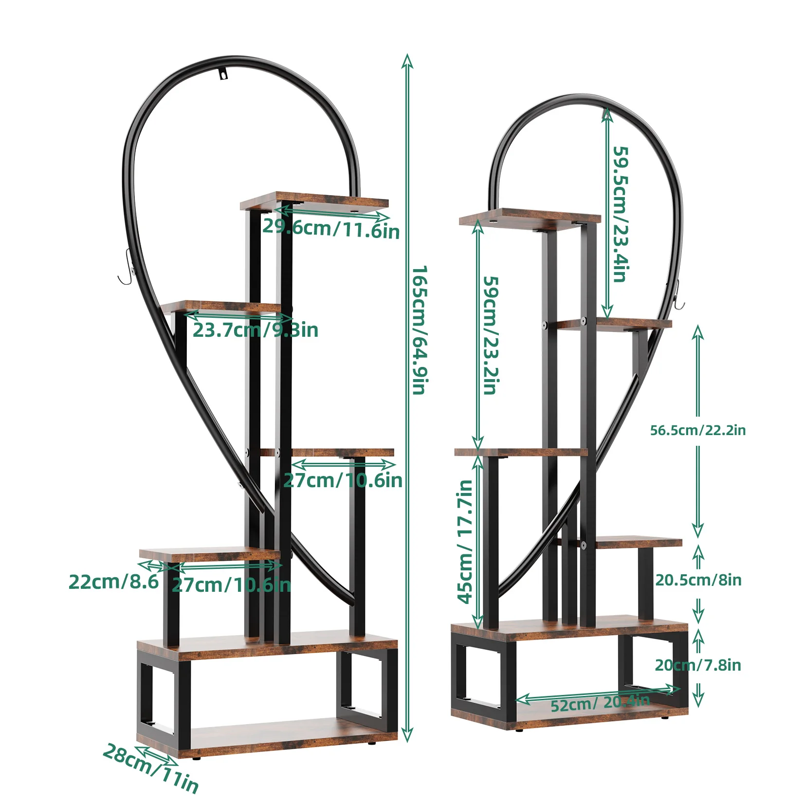 2X Plant Stand Half Heart Shaped Multiple Planter Rack Flower Display with Hooks 20 Pots Garden Ladder Planting Shelf