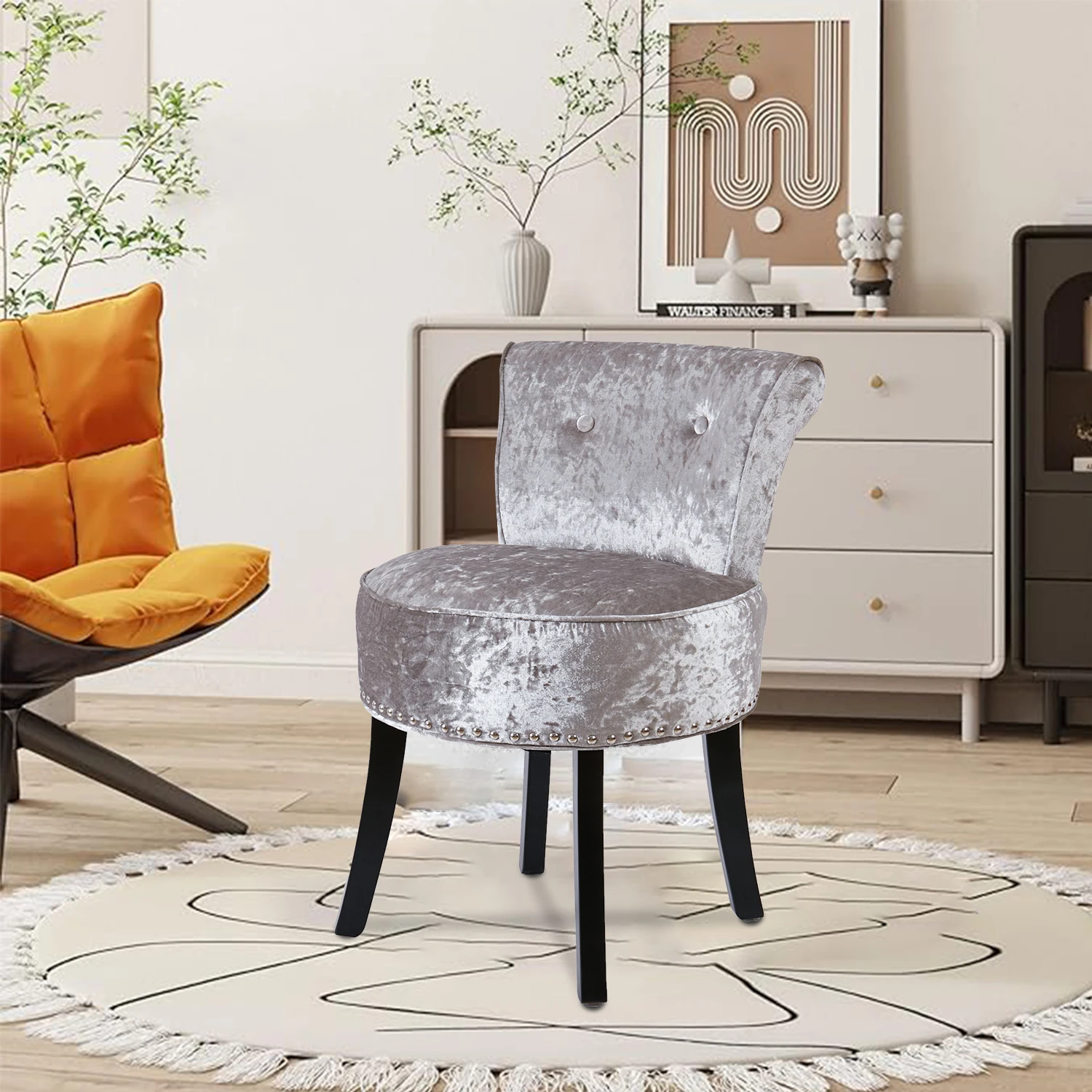Luxury Velvet Vanity Stool,Padded Makeup Chair with Sponge Foam Cushion,Wood Legs, Bedroom Accent Seat for Dressing Table