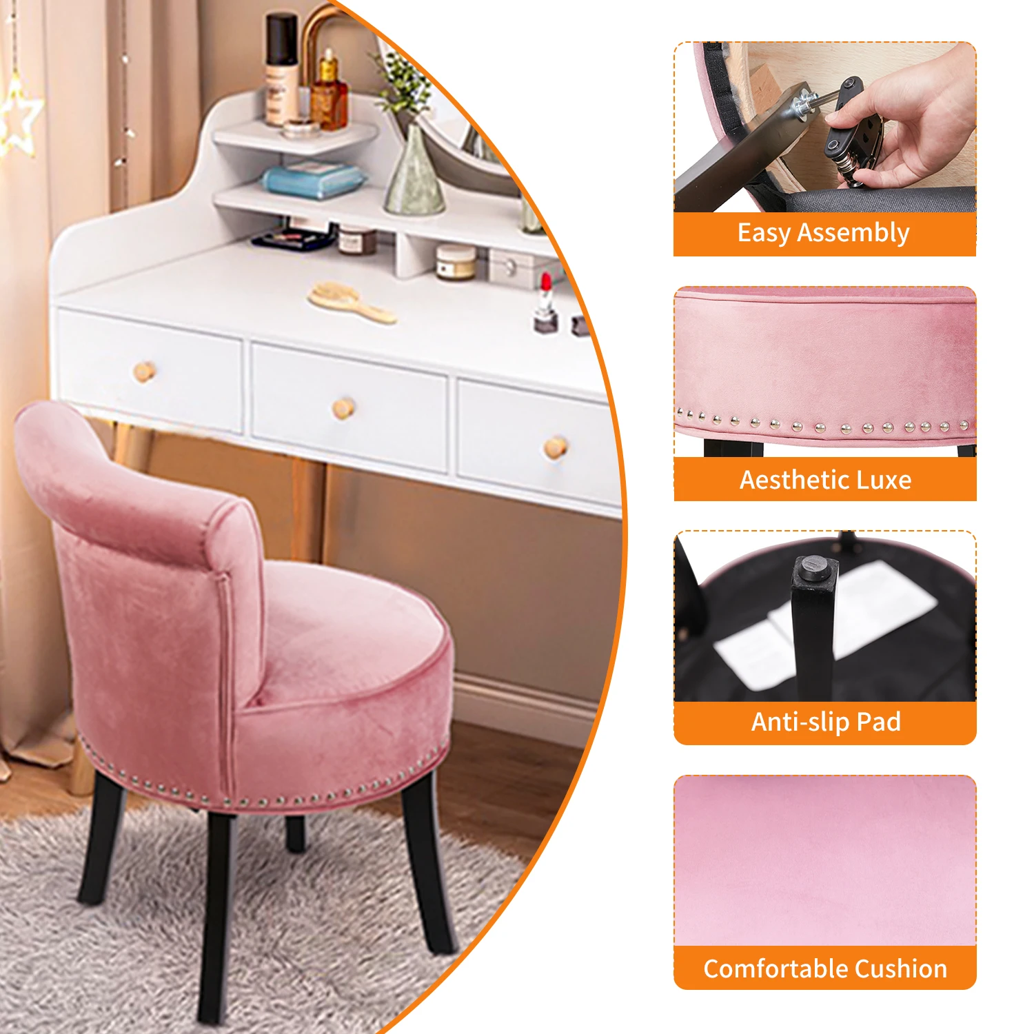 Luxury Velvet Vanity Stool,Padded Makeup Chair with Sponge Foam Cushion,Wood Legs, Bedroom Accent Seat for Dressing Table