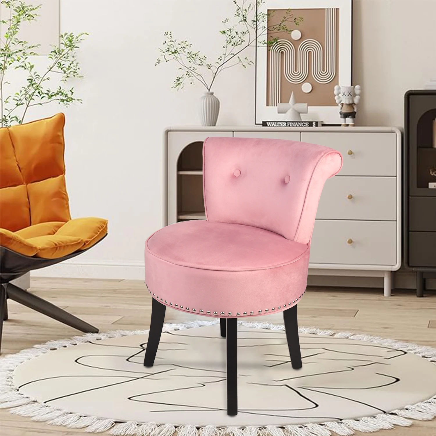 Luxury Velvet Vanity Stool,Padded Makeup Chair with Sponge Foam Cushion,Wood Legs, Bedroom Accent Seat for Dressing Table