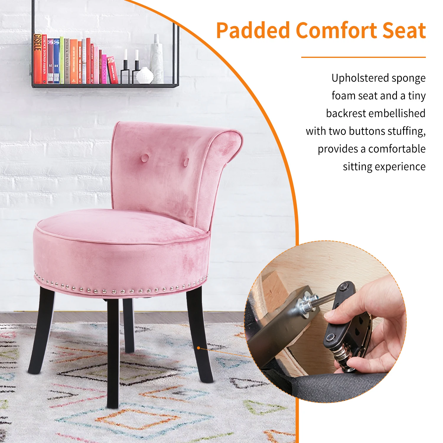 Luxury Velvet Vanity Stool,Padded Makeup Chair with Sponge Foam Cushion,Wood Legs, Bedroom Accent Seat for Dressing Table