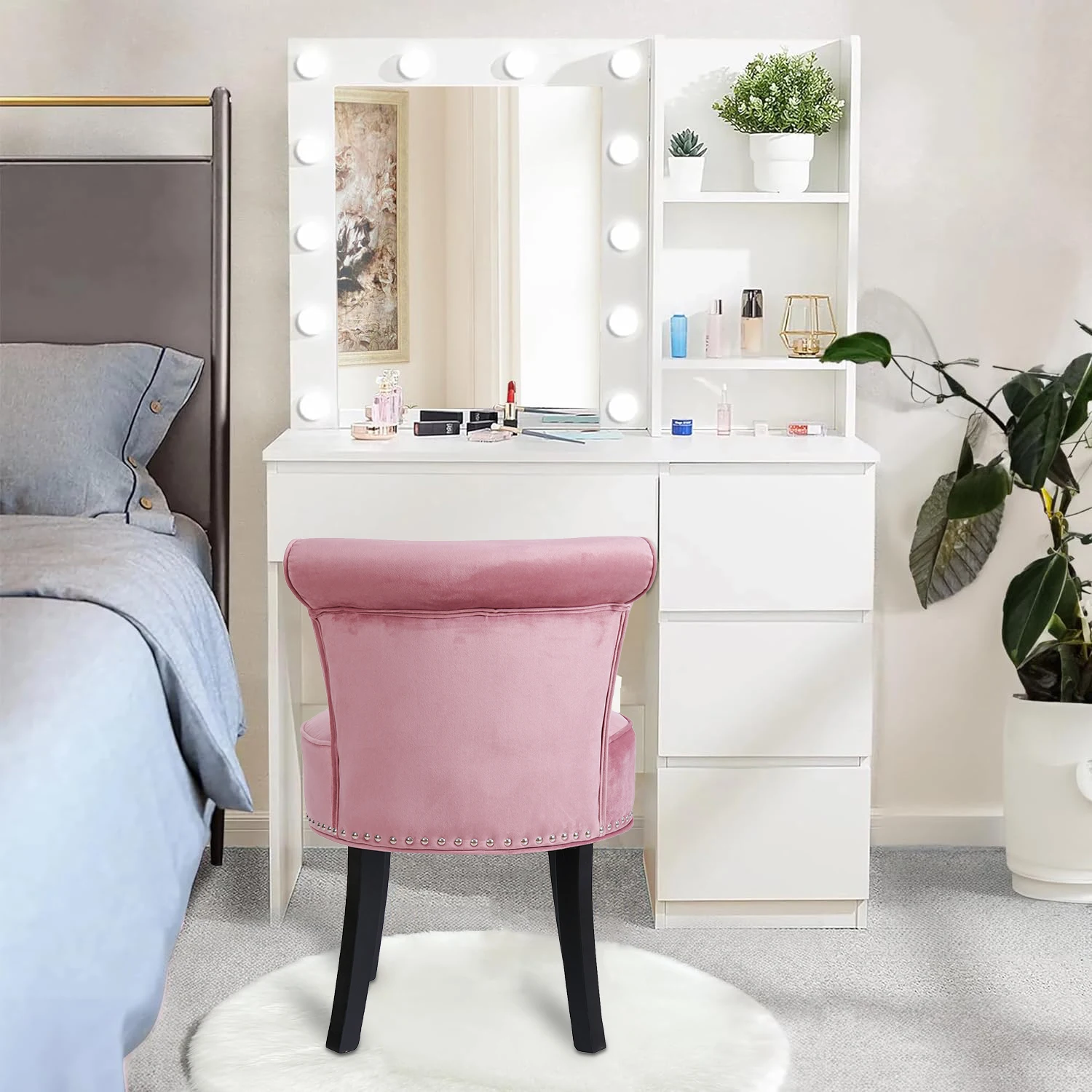 Luxury Velvet Vanity Stool,Padded Makeup Chair with Sponge Foam Cushion,Wood Legs, Bedroom Accent Seat for Dressing Table