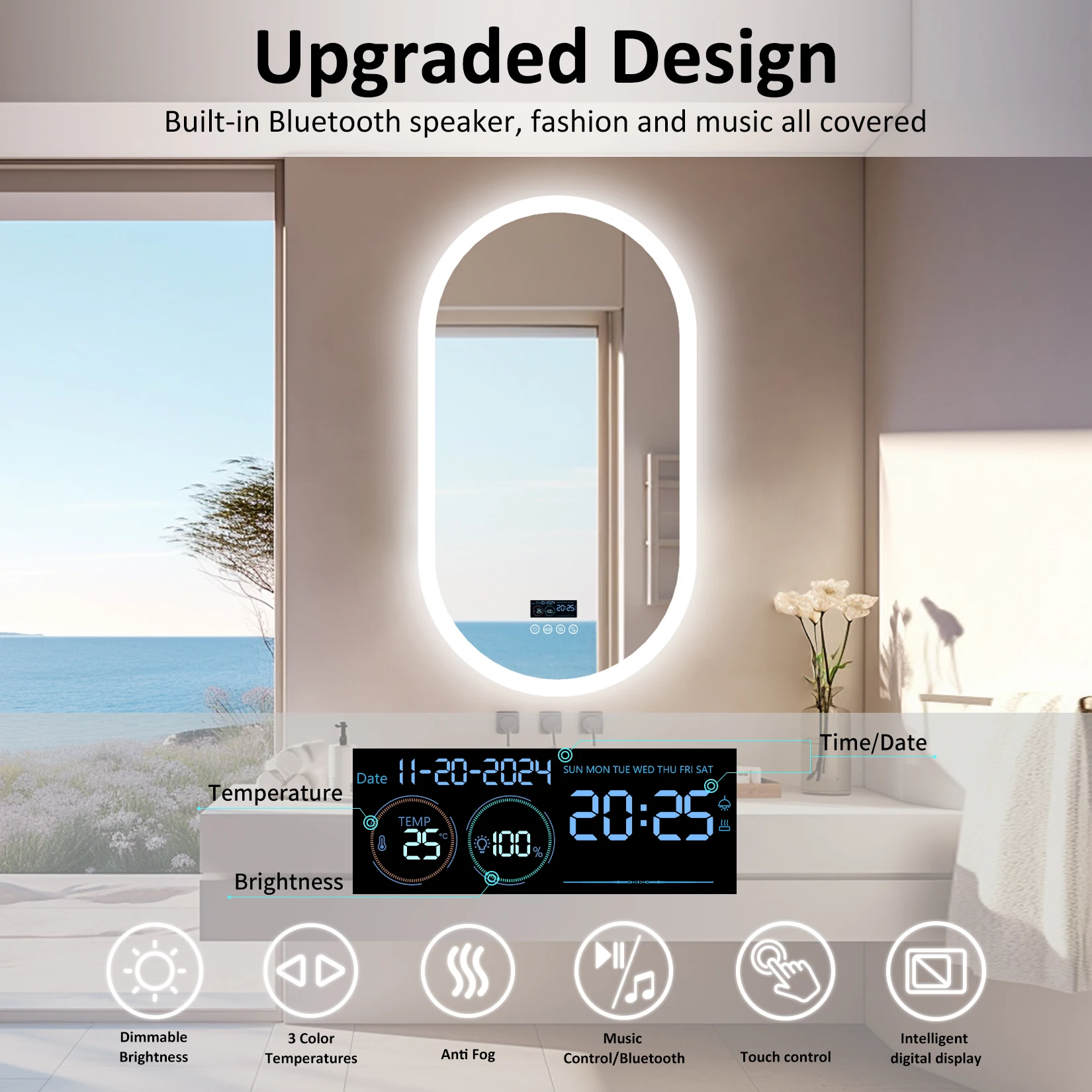 LUVODI LED Lighted Bluetooth Bathroom Mirror Backlit Dimmable Vanity Mirror Anti-Fog with Time And Date Display for Home