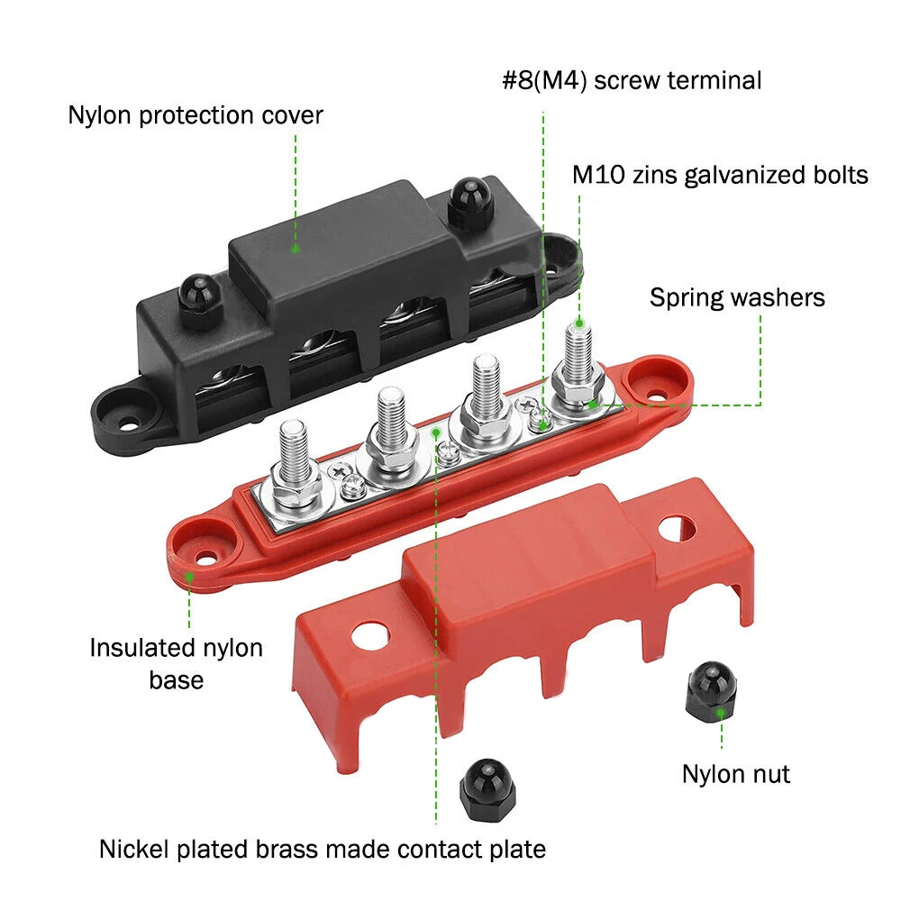 2pcs 4 Post Power Distribution Block Terminal Screw Bus Bar 250A 12V-48V DC M8