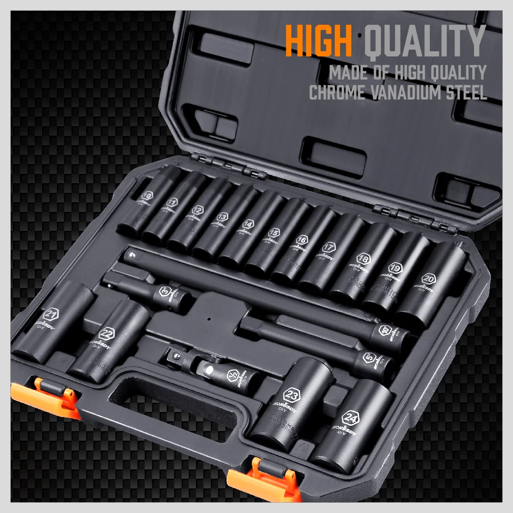 HORUSDY 20Pc Deep Socket Set Impact 1/2" Drive Extension Bars Flexible Adapter 10-24mm