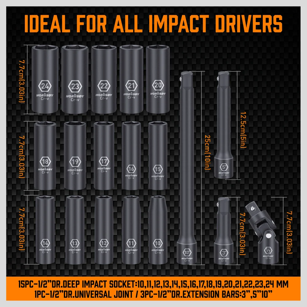 HORUSDY 20Pc Deep Socket Set Impact 1/2" Drive Extension Bars Flexible Adapter 10-24mm