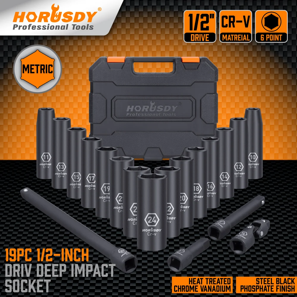 HORUSDY 20Pc Deep Socket Set Impact 1/2" Drive Extension Bars Flexible Adapter 10-24mm
