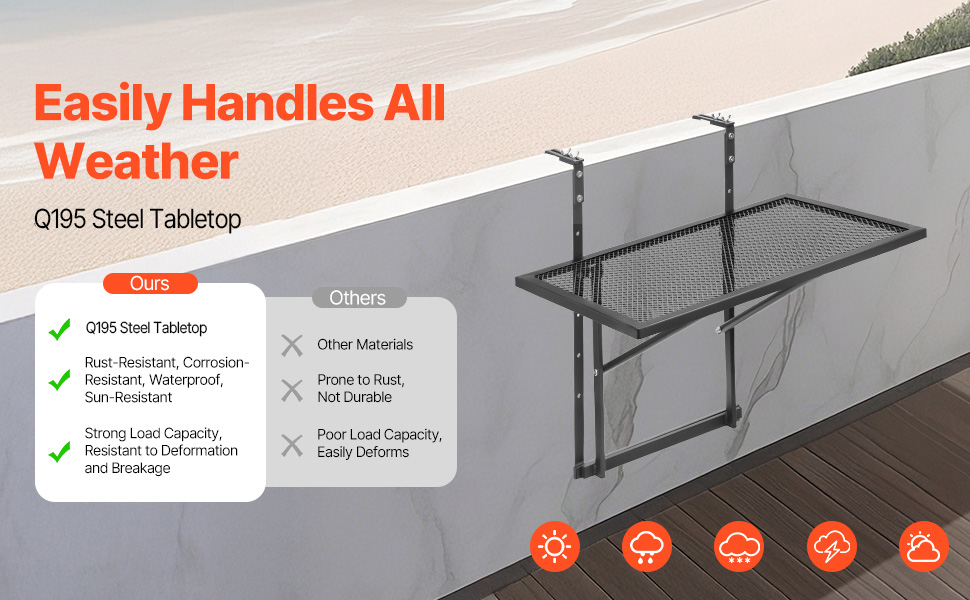 SucceBuy Balcony Hanging Table Metal Folding Balcony Railing Table Outdoor Balcony Bar Table for Railings Serving Table