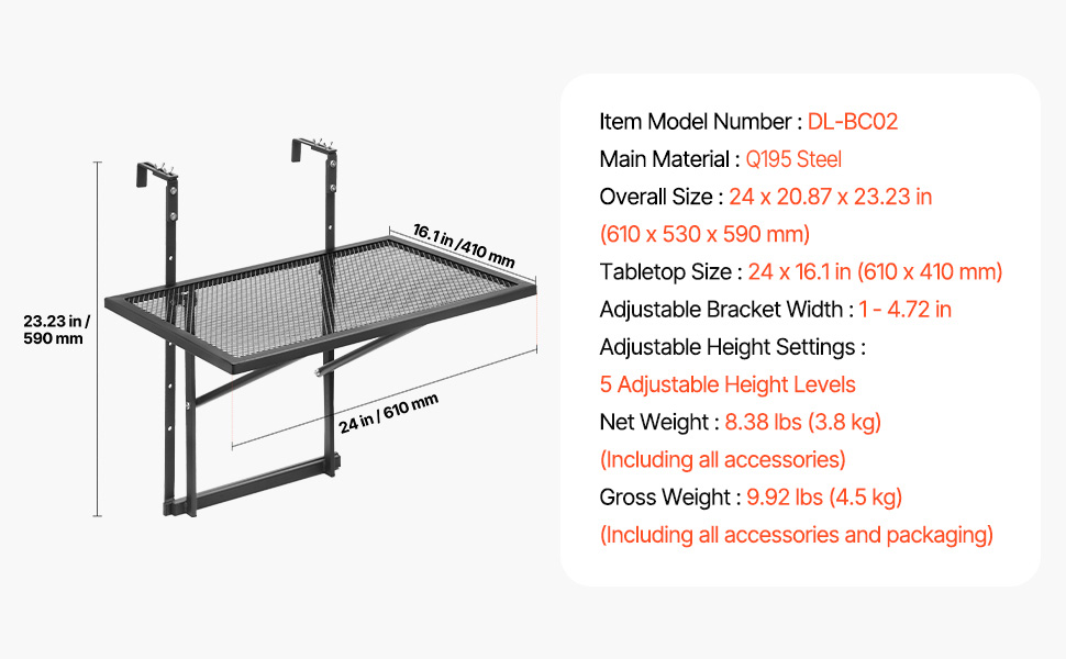SucceBuy Balcony Hanging Table Metal Folding Balcony Railing Table Outdoor Balcony Bar Table for Railings Serving Table