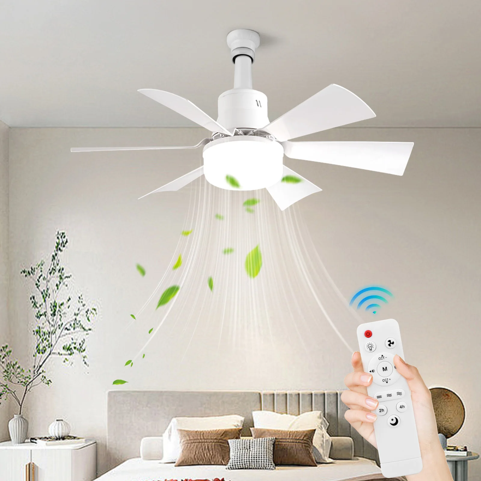 Screw in Ceiling Fan in Light Socket with Remote Ceiling Fan with Light with Extender & 6 Blades for Bedroom Kitchen