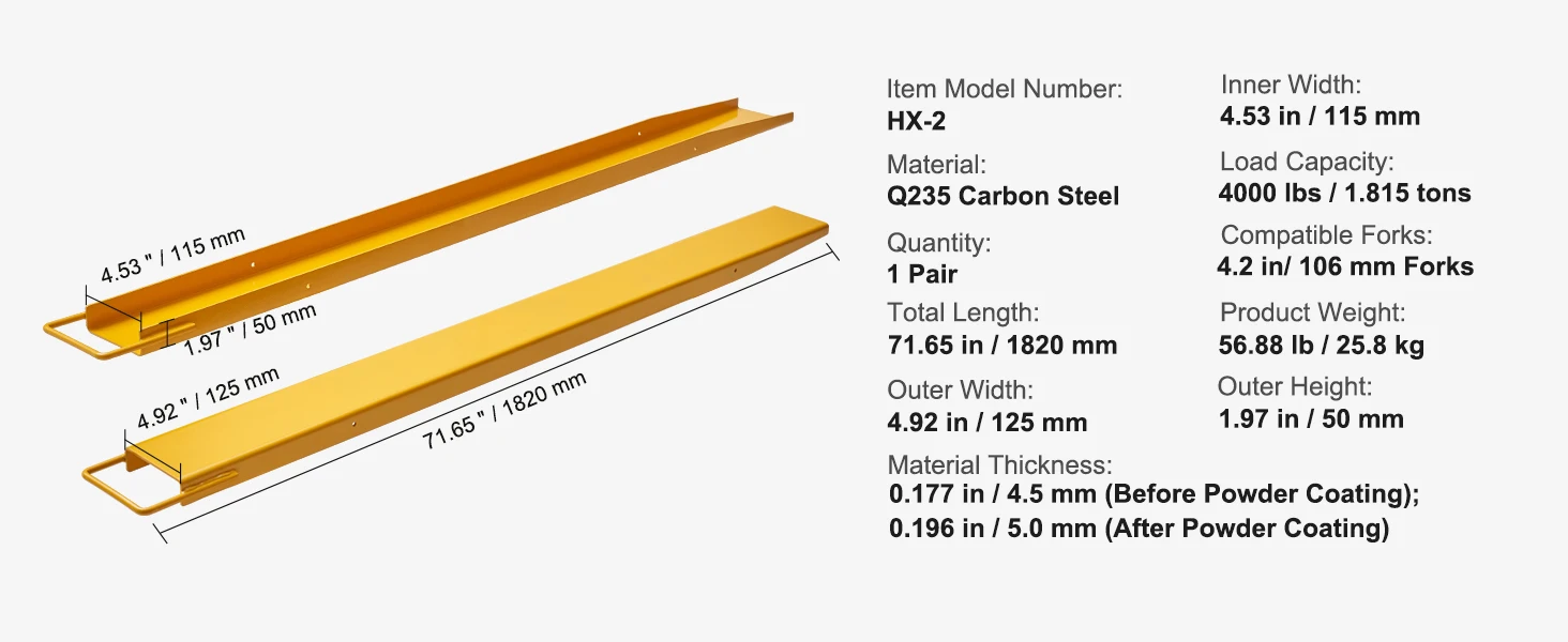 SucceBuy Pallet Fork Extensions Heavy Carbon Steel Fork Extensions 1 Pair Fork Attachments for Forklift Truck Yellow 4000 lbs