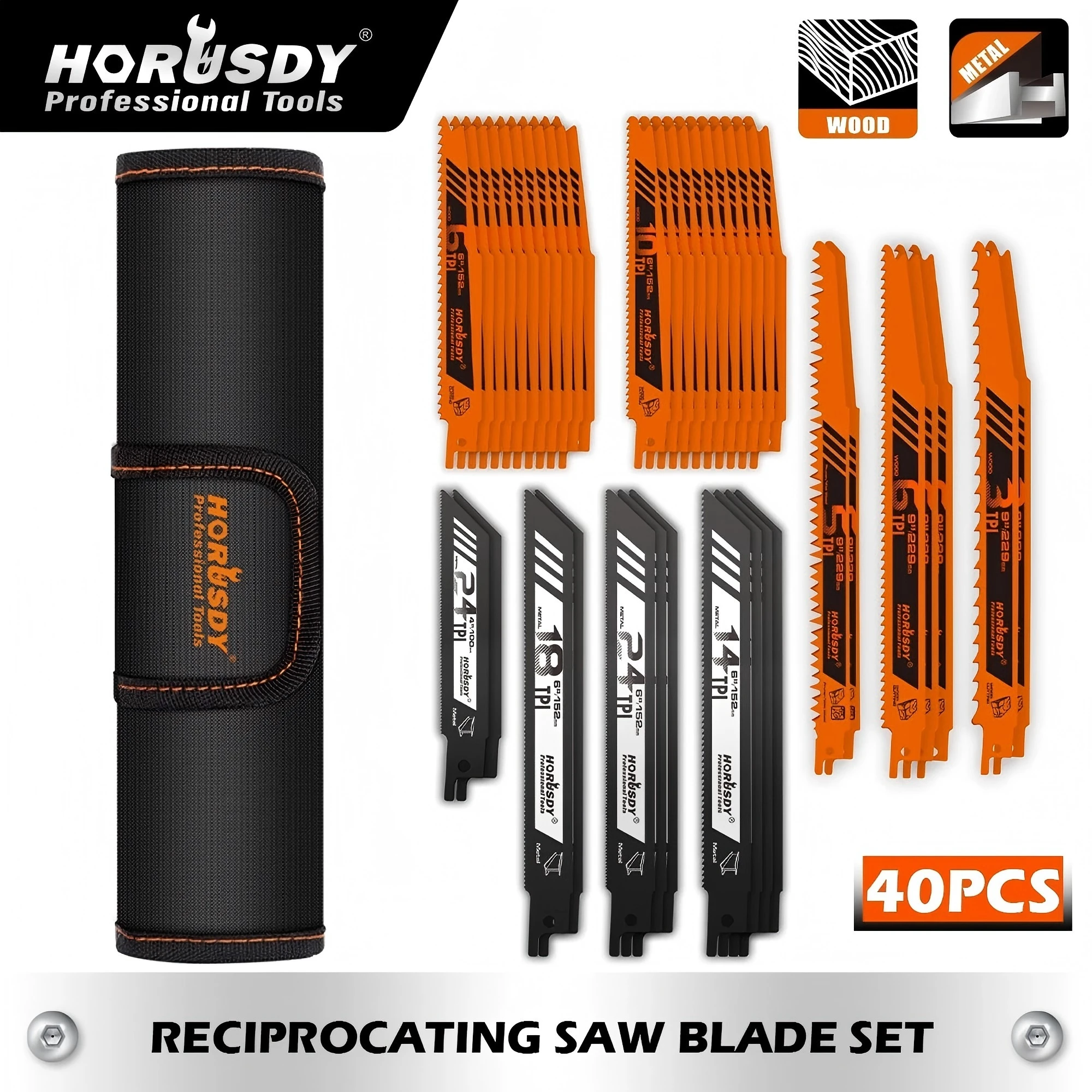 HORUSDY 40Pc Reciprocating Saw Blade Set 2-24TPI Wood Metal Sheet Cutting New