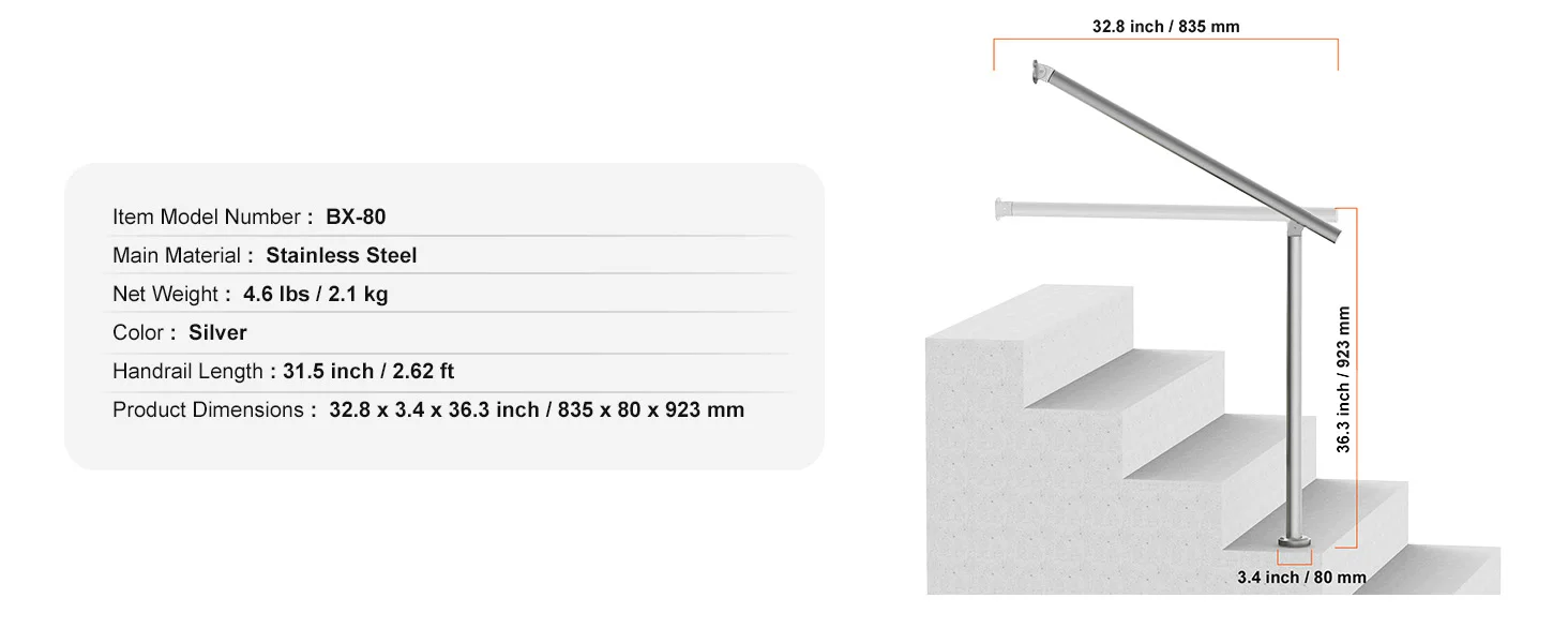 SucceBuy Handrails for Outdoor Steps 47.3 in / 120cm Deck Railing Kit Wall Floor Mounted for Outside Steps with Installation Kit