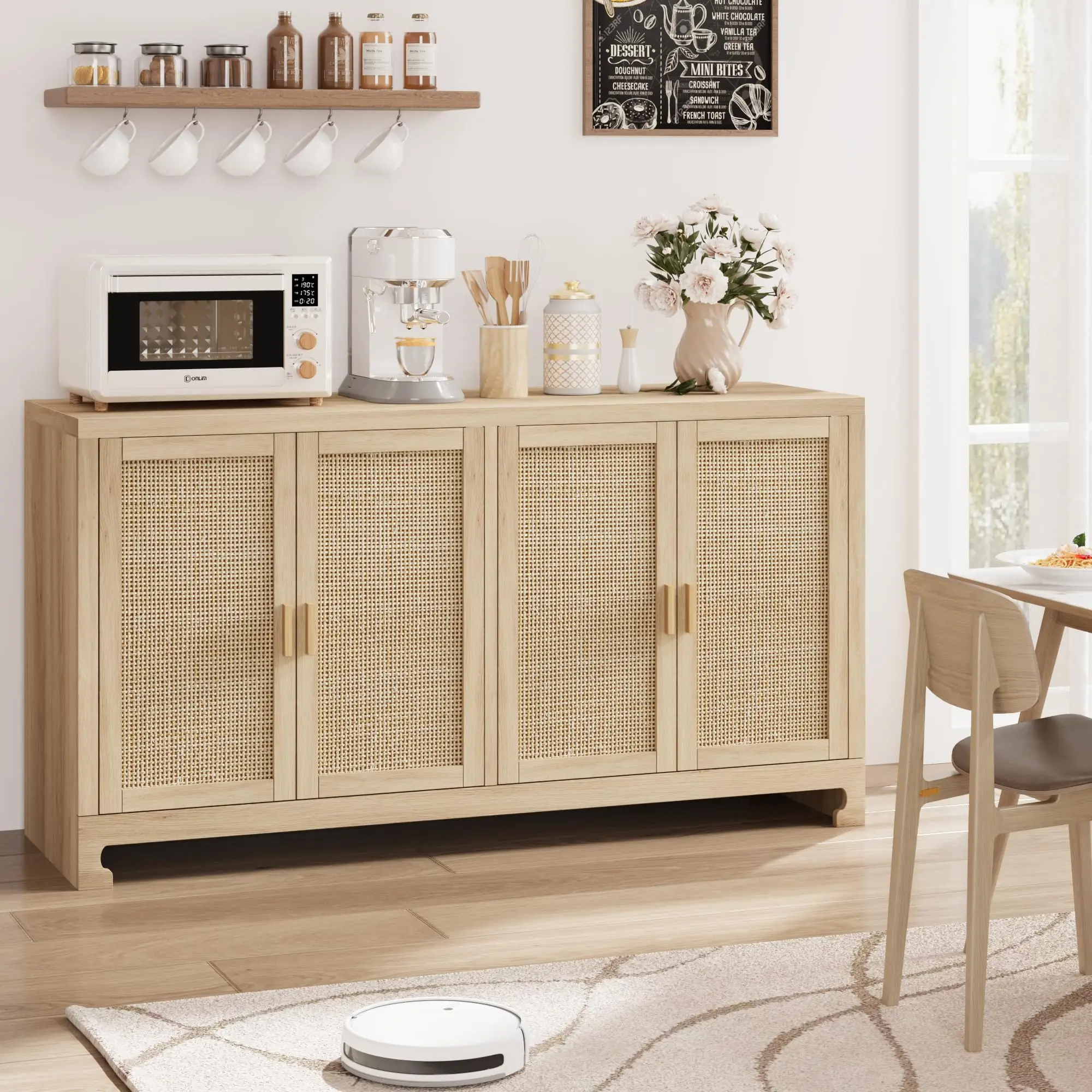 Rattan Accent Storage Cabinet with 4 Doors and Shelf - Modern Console Coffee Bar Cabinet for Dining Room, Kitchen, Living Room,