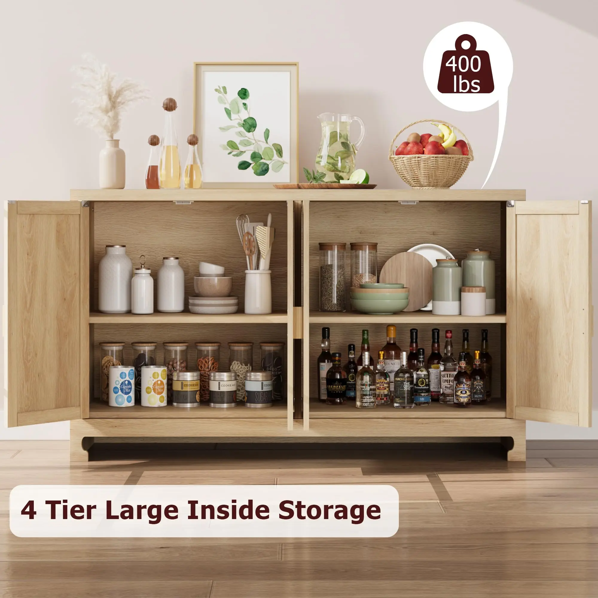 Rattan Accent Storage Cabinet with 4 Doors and Shelf - Modern Console Coffee Bar Cabinet for Dining Room, Kitchen, Living Room,