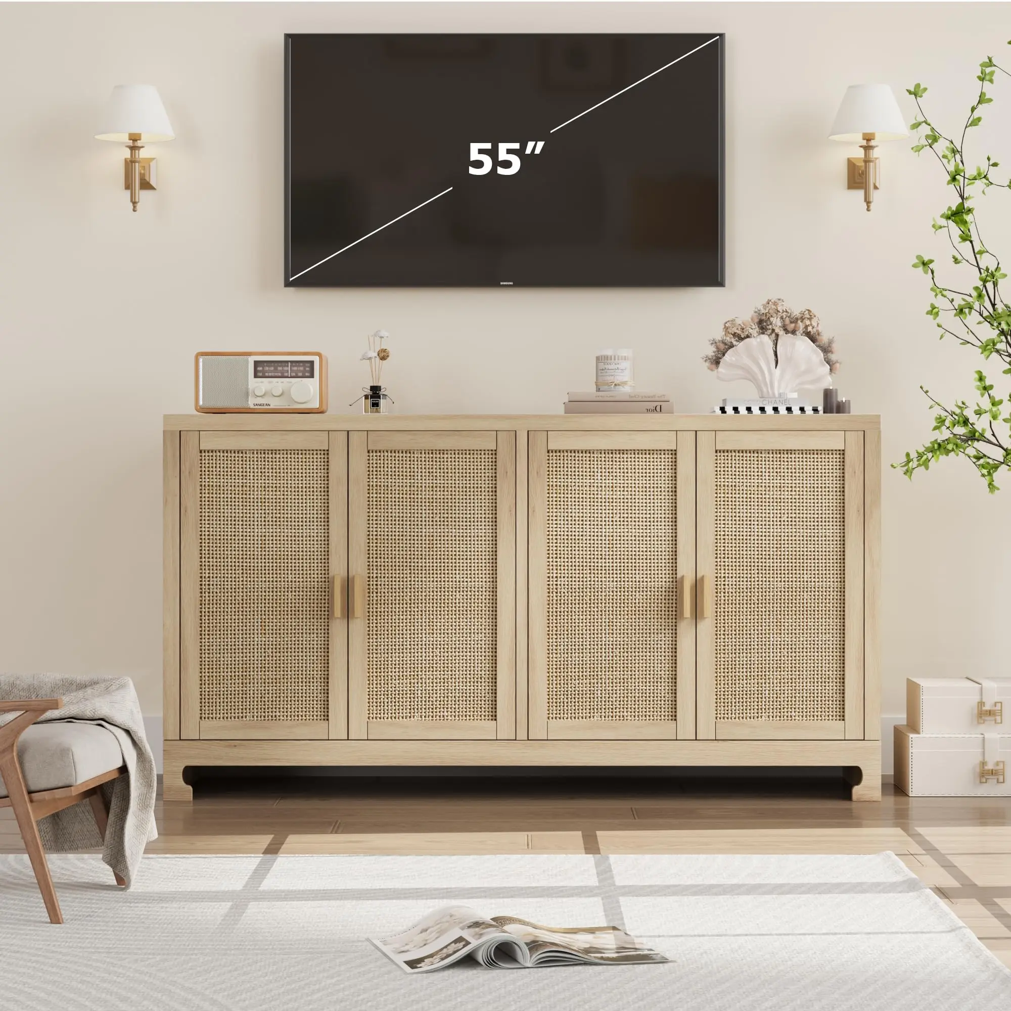 Rattan Accent Storage Cabinet with 4 Doors and Shelf - Modern Console Coffee Bar Cabinet for Dining Room, Kitchen, Living Room,