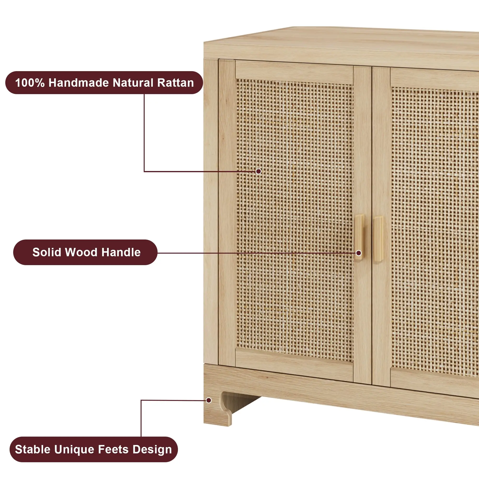 Rattan Accent Storage Cabinet with 4 Doors and Shelf - Modern Console Coffee Bar Cabinet for Dining Room, Kitchen, Living Room,