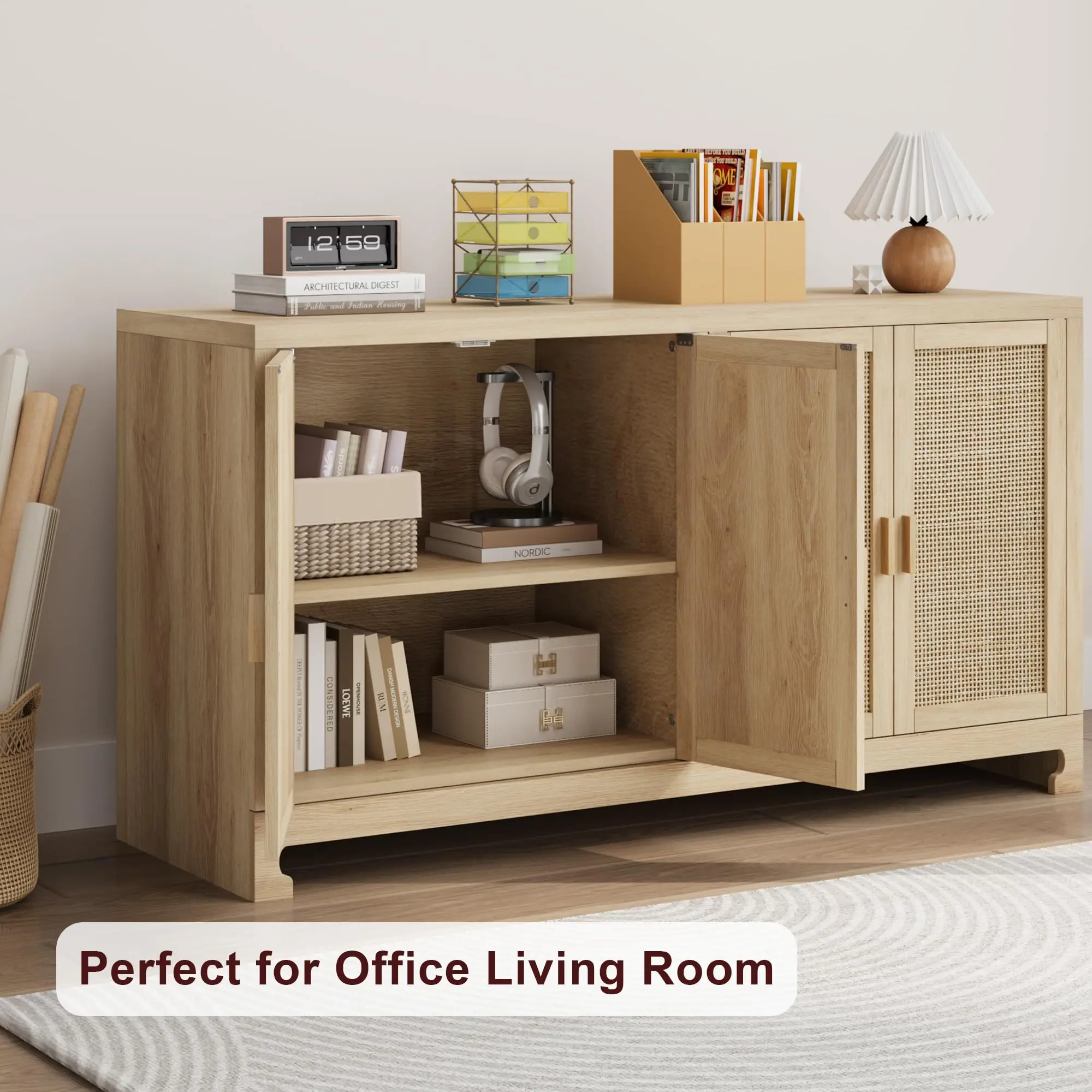 Rattan Accent Storage Cabinet with 4 Doors and Shelf - Modern Console Coffee Bar Cabinet for Dining Room, Kitchen, Living Room,