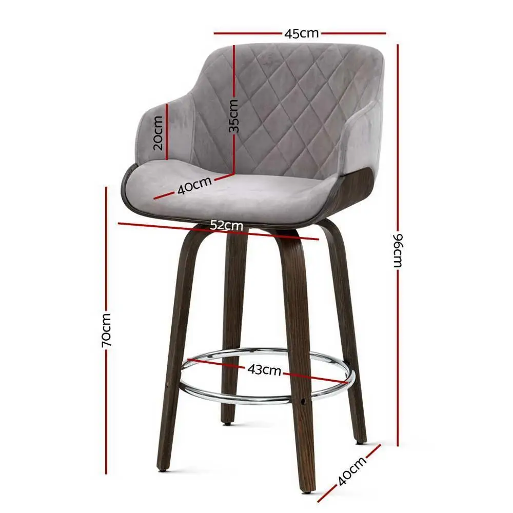 Set of 2 Swivel Velvet Bar Stools with Padded Seat and Wooden Legs