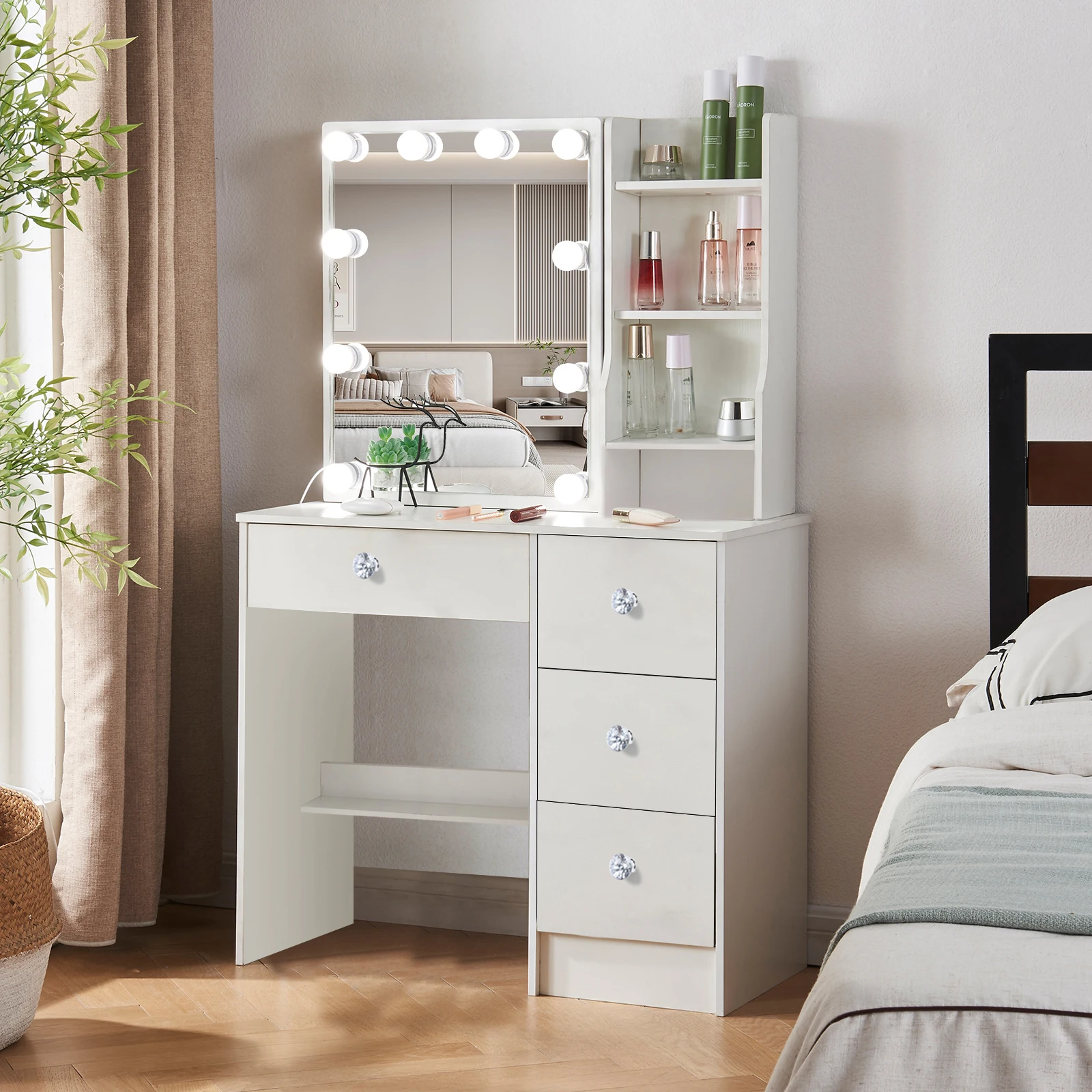 White Wood Dressing Table with LED Lighting Adjustable Brightness Dressing Table with Large Mirror Dressing Table with 4 Drawers