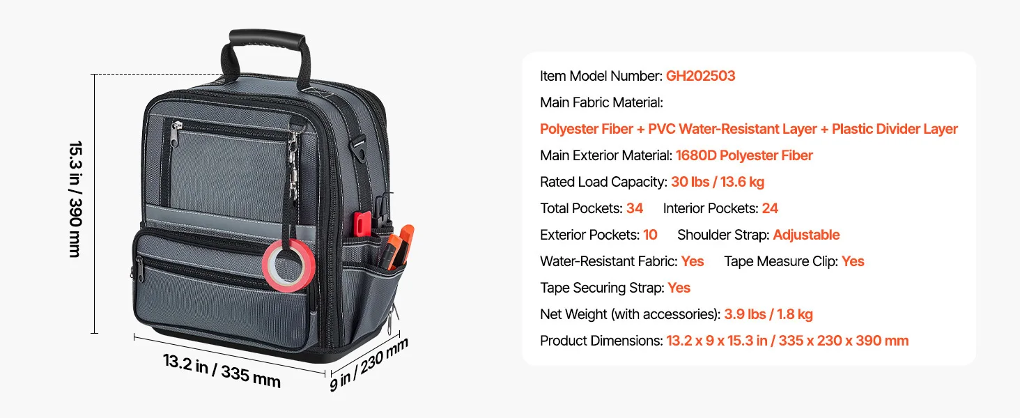 SucceBuy 34-Pocket Portable Tool Bag 13.2in Tool Pouch with Plastic Base Toolbox Garage Organizer Storage for Electrician Tools