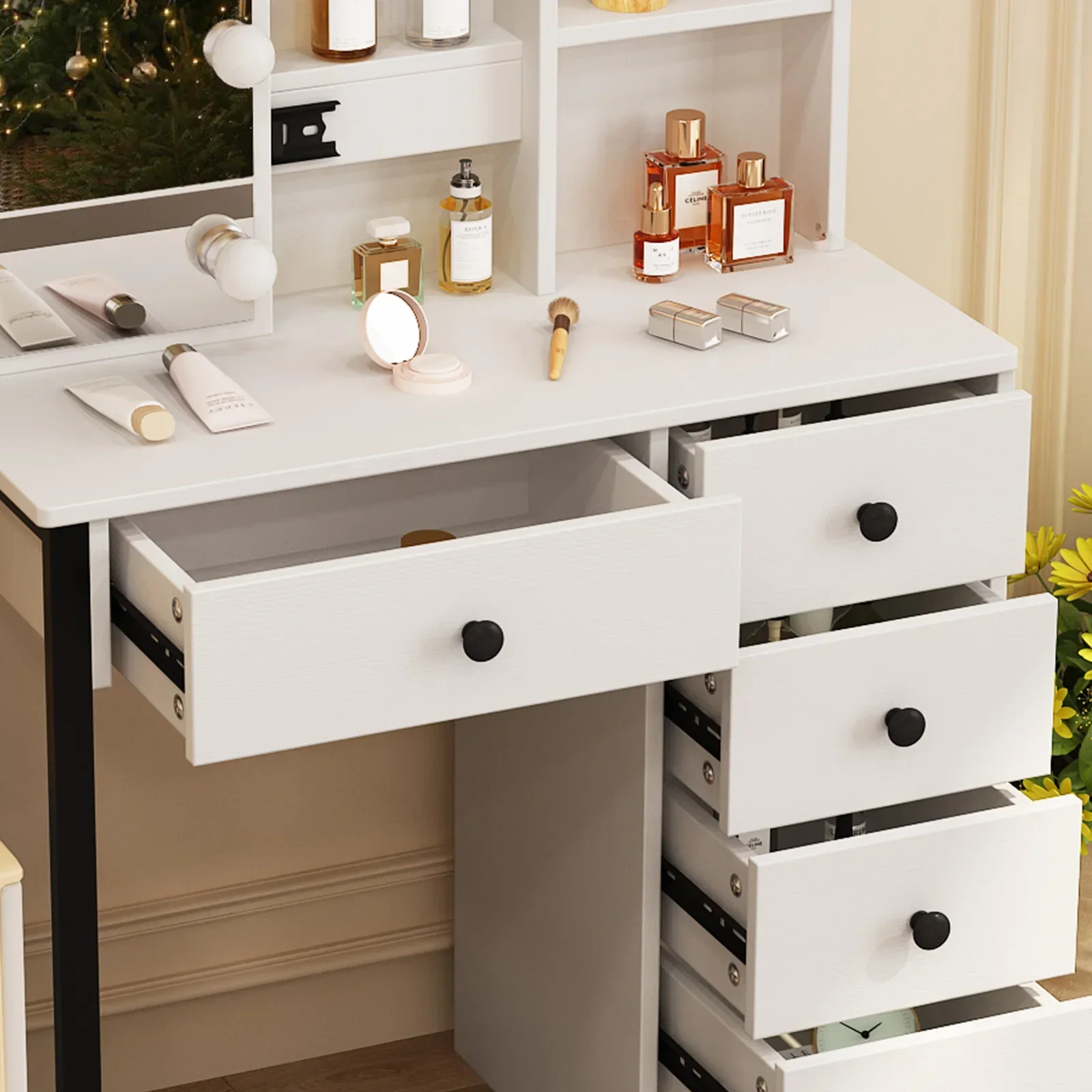 New White Vanity Set with 10 LED Lighted Mirror 5 Drawers 3 Color Dimmable Easy Assembly Sturdy Frame Makeup Desk Bedroom