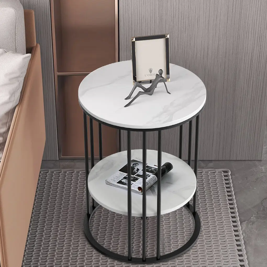 LUVODI Modern round Sofa Side Table Two-Tier Gold/Black Metal Frame End Coffee Table Nightstand with Open Space Storage