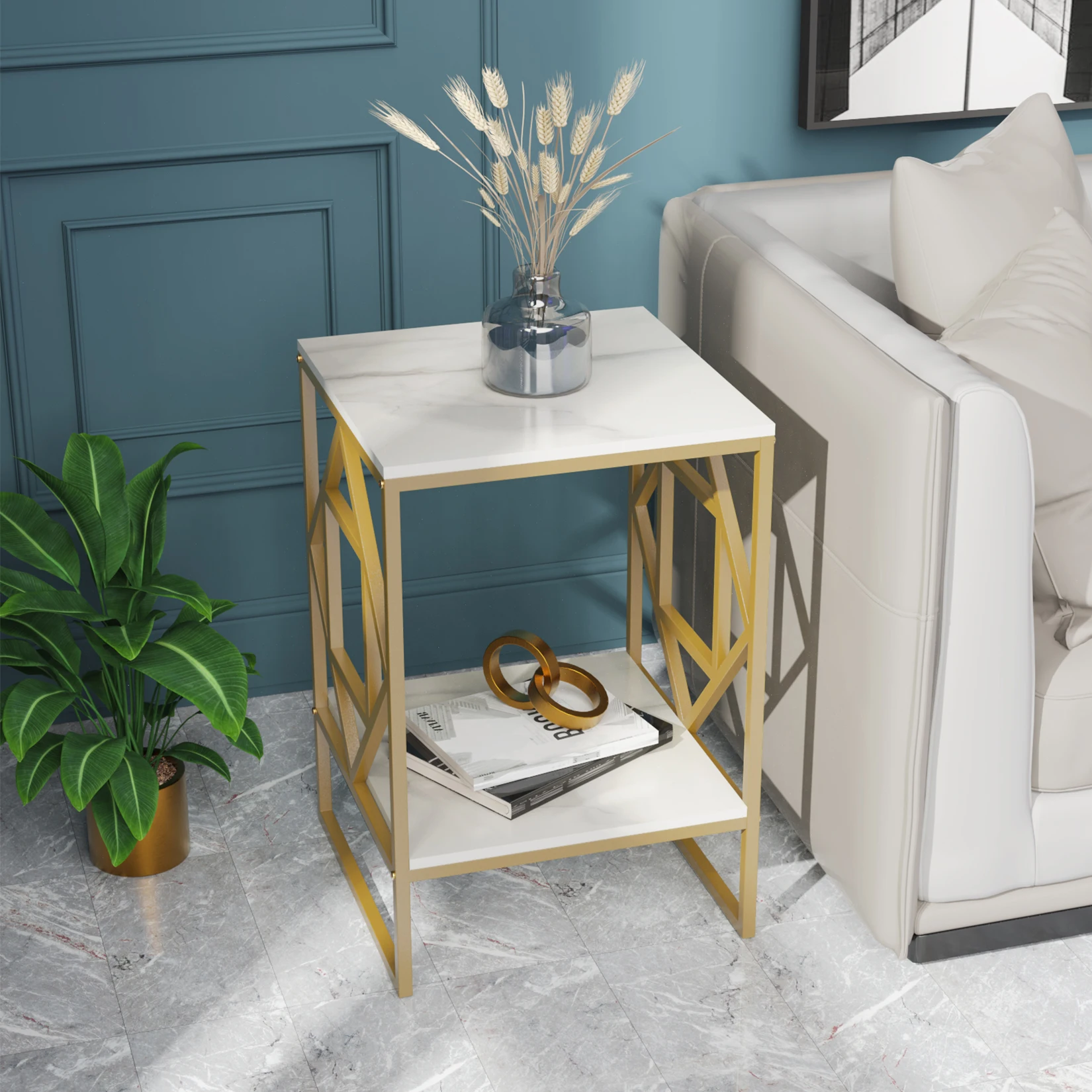 LUVODI Modern 2-Tier Coffee Side Table Modern Metal Frame Square Sofa End Tables for Living Room Storage