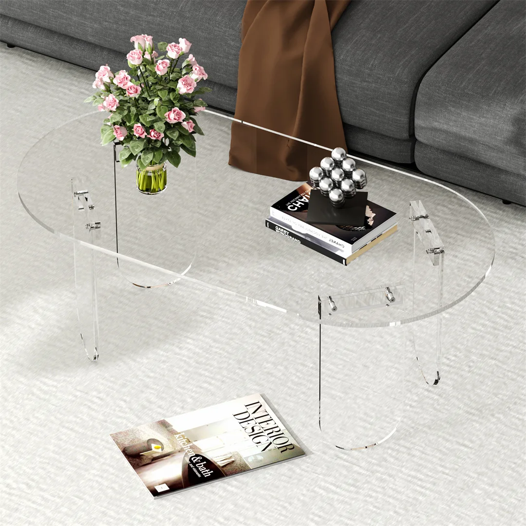 Modern Iridescent Clear Acrylic Coffee Table with 4 Legs - Living Room Accent Side Table for Lounger Home Office Decor
