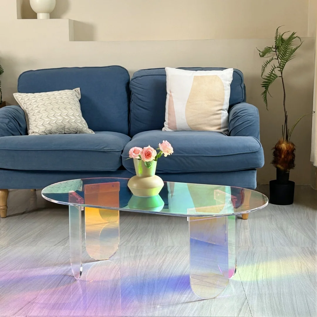 Modern Iridescent Clear Acrylic Coffee Table with 4 Legs - Living Room Accent Side Table for Lounger Home Office Decor