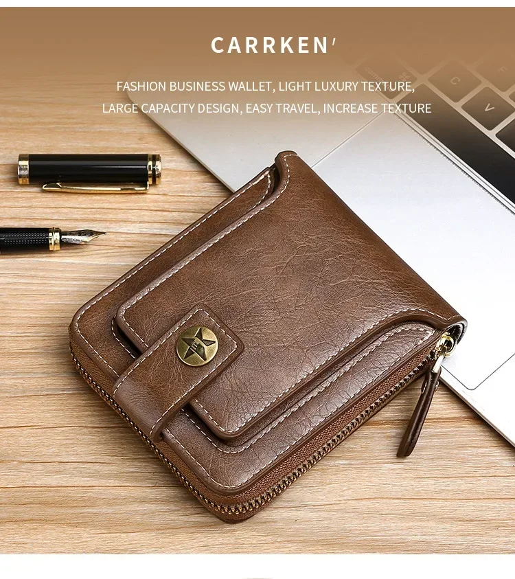 Vintage Popular Men's Short Wallets, Retro Trend, Horizontal Zipper Coin Purse, Multi-Functional Card Durable Convenient Wallets