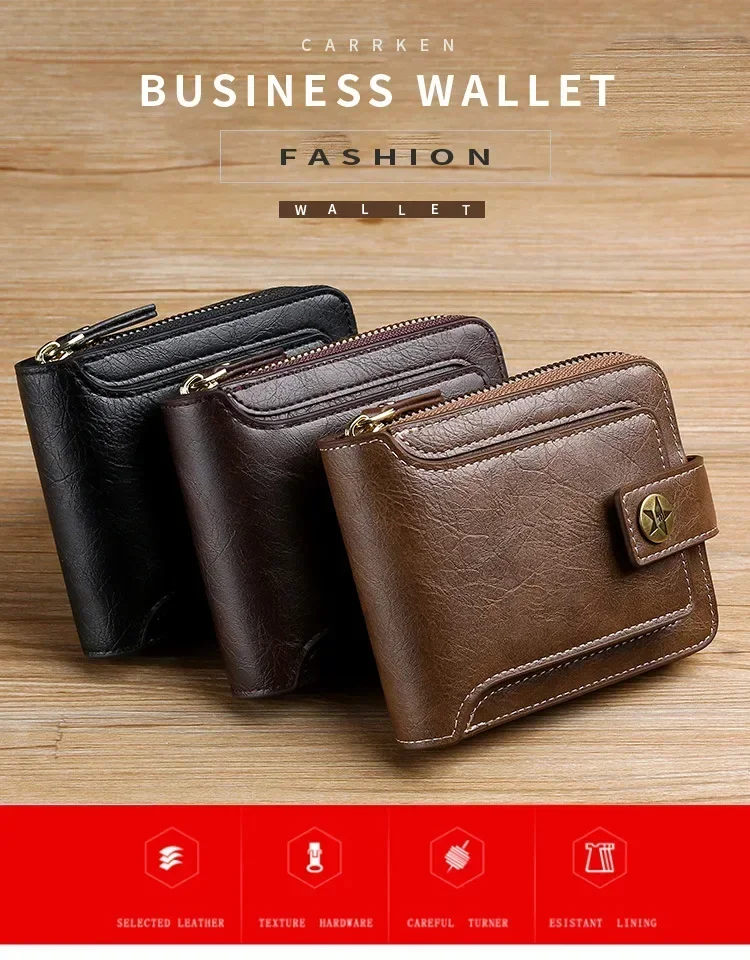 Vintage Popular Men's Short Wallets, Retro Trend, Horizontal Zipper Coin Purse, Multi-Functional Card Durable Convenient Wallets