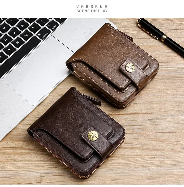 Vintage Popular Men's Short Wallets, Retro Trend, Horizontal Zipper Coin Purse, Multi-Functional Card Durable Convenient Wallets