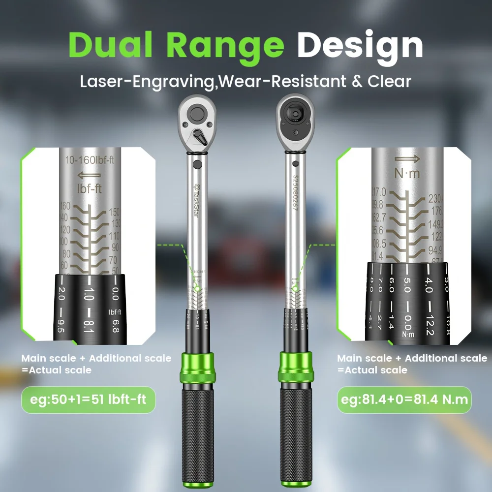 TaskStar 1/4"&3/8"&1/2" Drive Click Torque Wrench Kit 8pcs ±3% Accuracy 72 Tooth Dual Scale Ratchet Wrench for Bike/Moto Repair