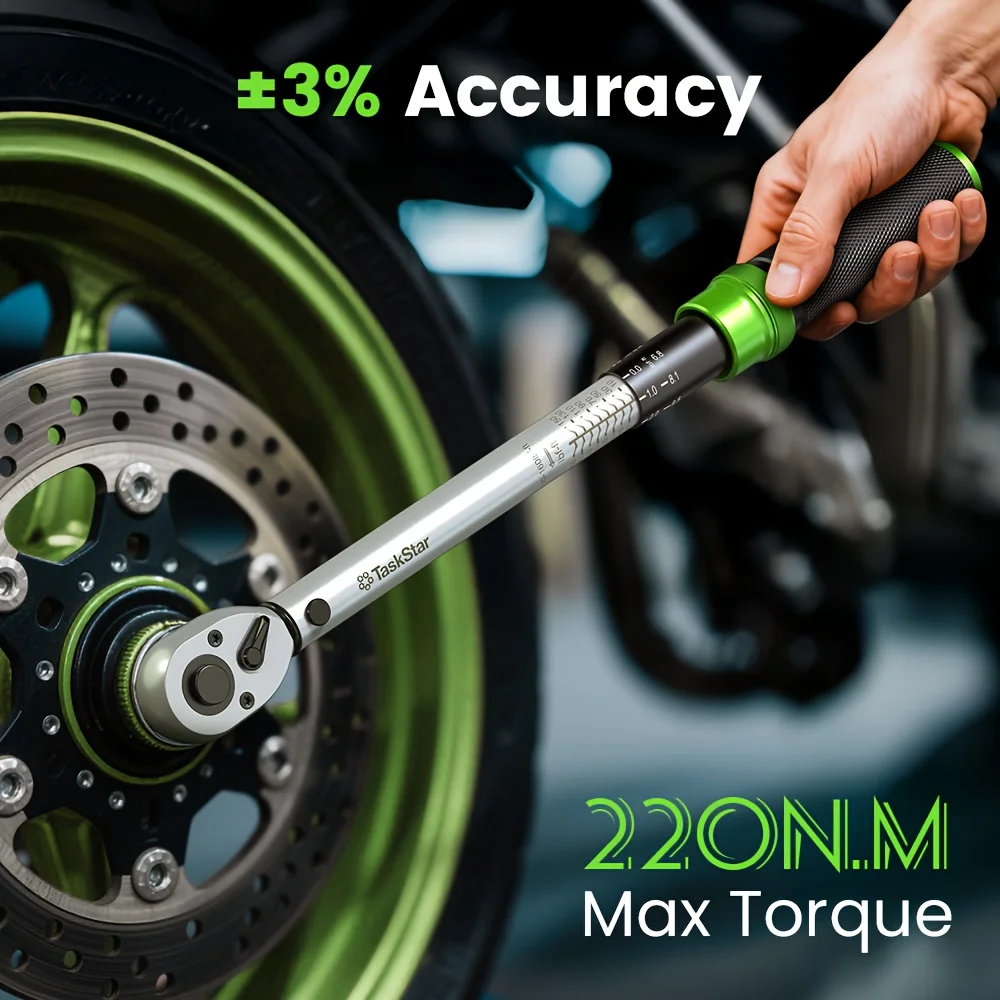TaskStar 1/4"&3/8"&1/2" Drive Click Torque Wrench Kit 8pcs ±3% Accuracy 72 Tooth Dual Scale Ratchet Wrench for Bike/Moto Repair