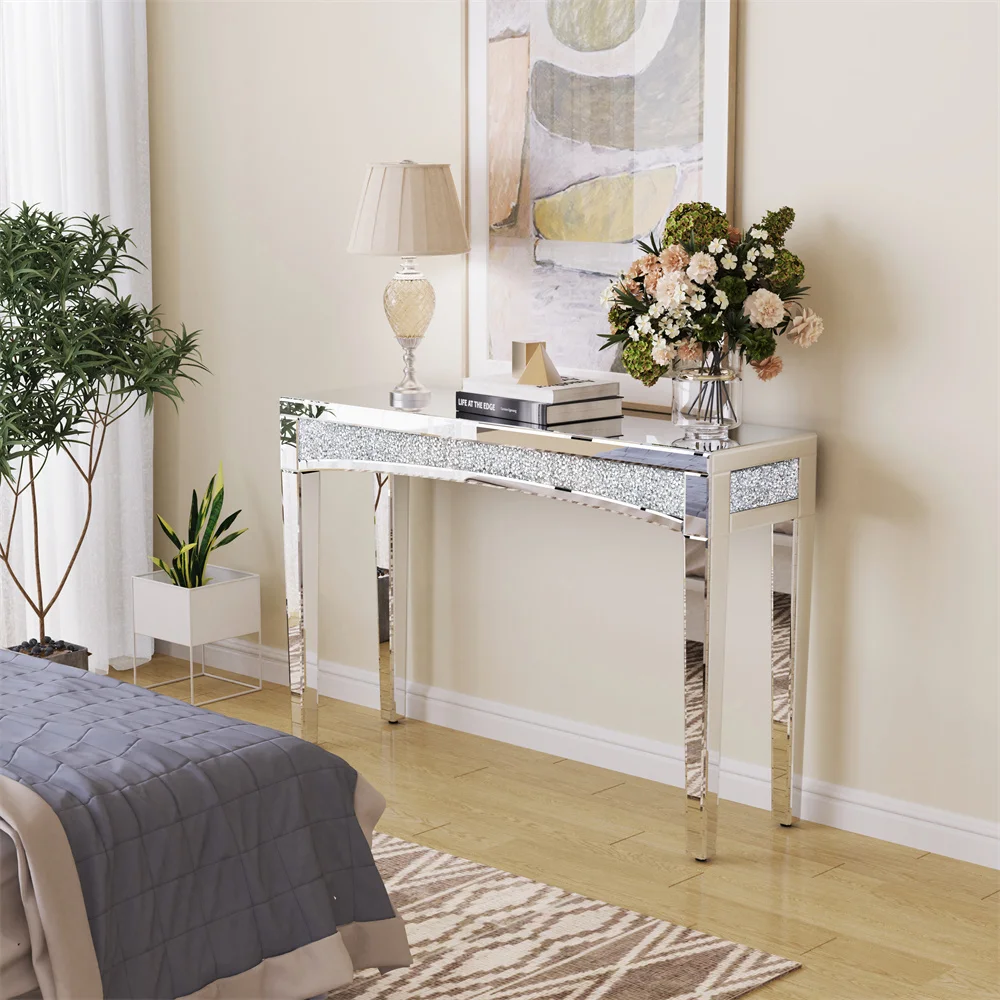 LUVODI 120cm Modern Crushed Diamond Mirrored Console Table, Silver Entryway Sofa Vanity Table for Foyer Entrance Office