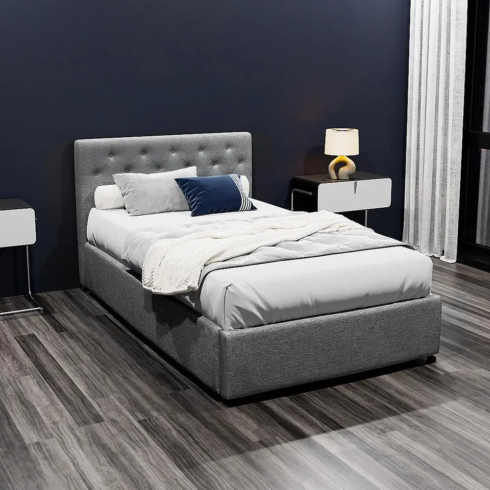 King Single Gas Lift Bed Frame Grey Upholstered Storage Bed Modern Bedroom Furniture