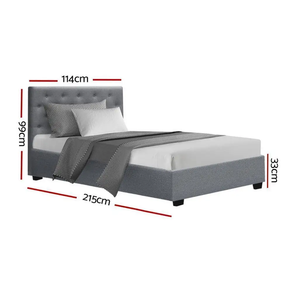 King Single Gas Lift Bed Frame Grey Upholstered Storage Bed Modern Bedroom Furniture