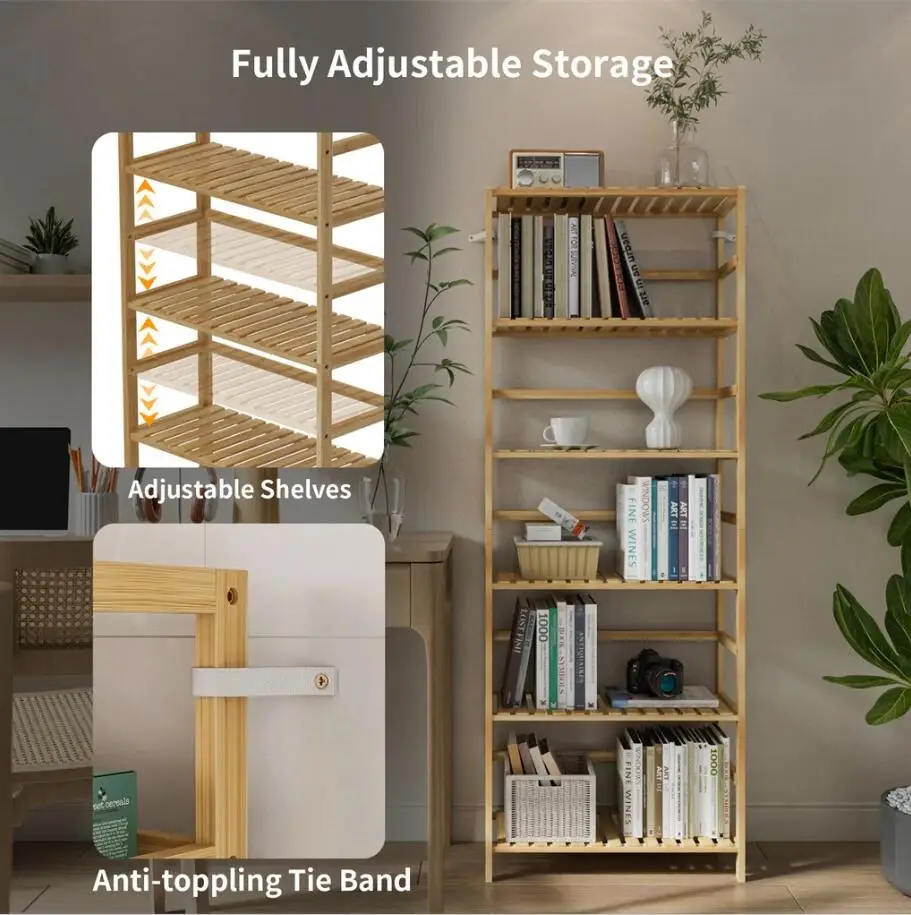 Adjustable 6-Tier Bamboo Bookshelf Free Standing Shelving Rack for Home Office Storage Organization