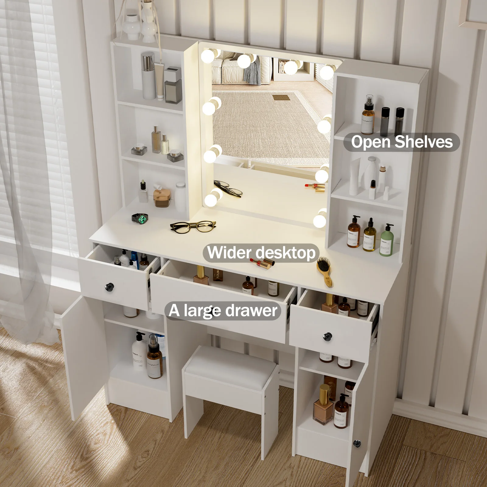Teousev Modern LED Vanity Makeup Set, 3 Color Dimmable Mirror & Stool, 3 Drawers Storage Dresser Desk for Women Bedroom