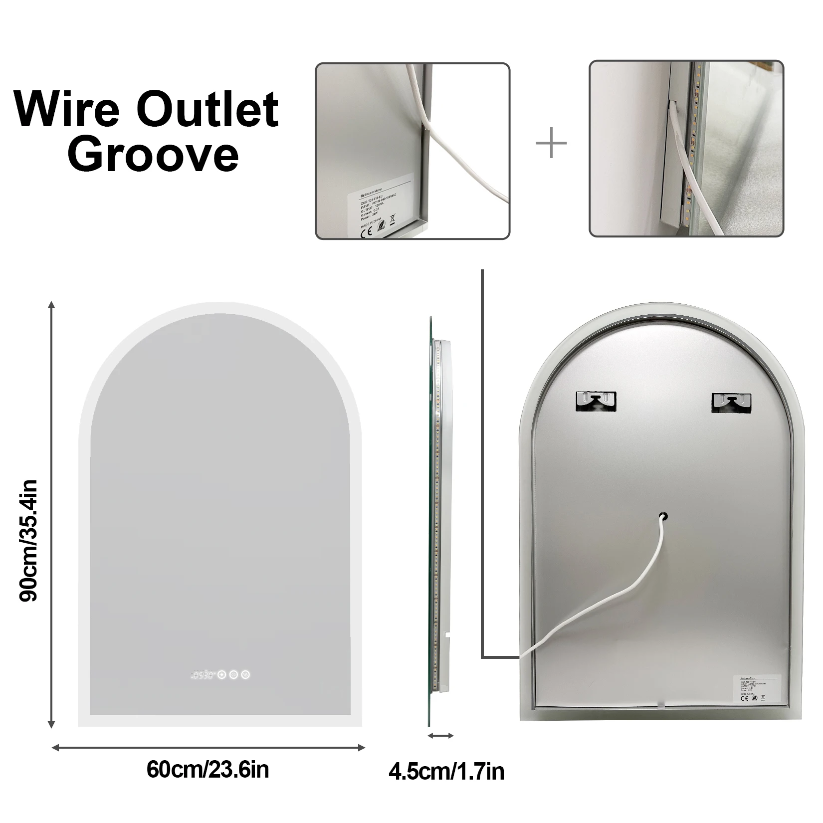 60x90CM Vertical Arch-Shape LED Bathroom Mirror Backlit Frameless Lighted Antifog Mirror Time Temperature Display
