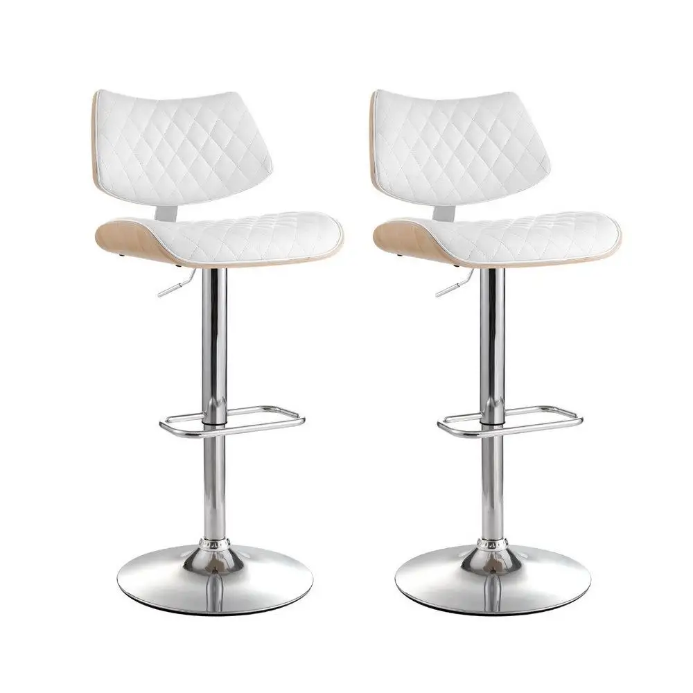 2 Piece Adjustable Bar Stools Kitchen Dining Chairs Gas Lift Wooden Leather White Modern Counter Stools