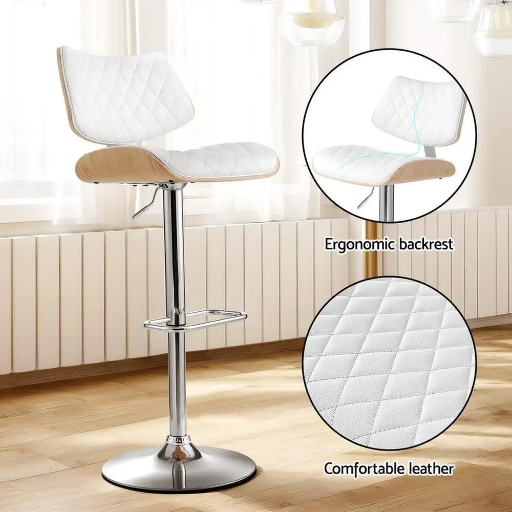 2 Piece Adjustable Bar Stools Kitchen Dining Chairs Gas Lift Wooden Leather White Modern Counter Stools