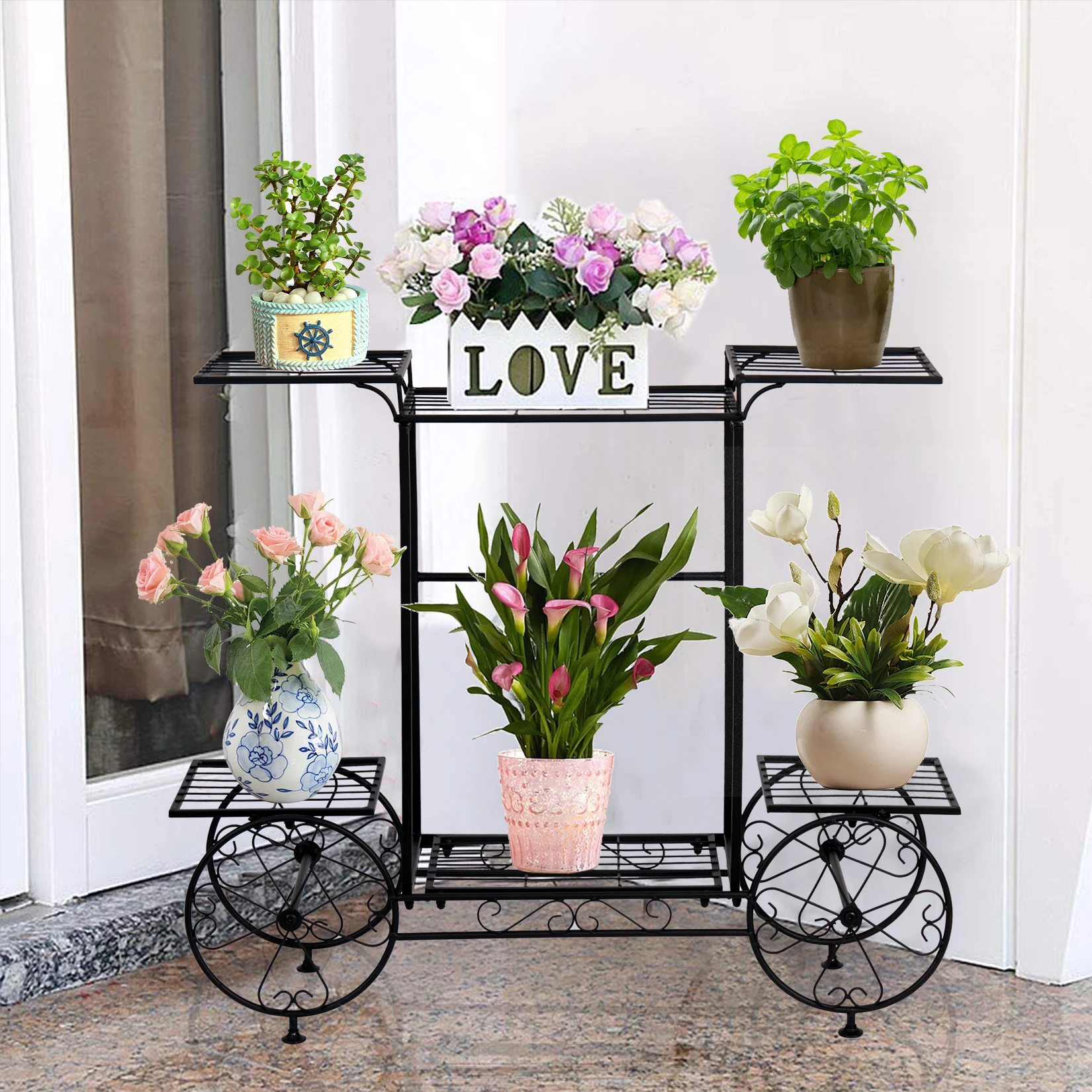 Garden Cart Stand Flower Pot Holder Display Rack Home Plant Stand - Multi-Functional Garden Storage Organizer
